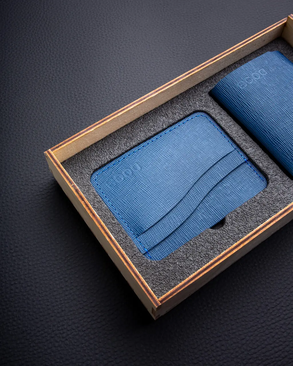 Набор MINI: кардхолдер и мини-кошелек – синий сафьяно premium